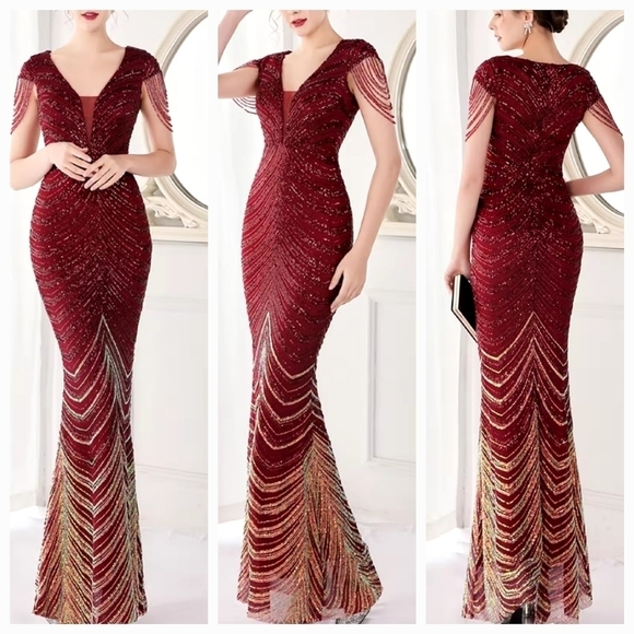 Burgundy Graphic Print, Contrast Sequined,  Draped Rhinestone, Mermaid G… - Picture 2 of 16
